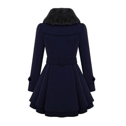 Women's Elegant Winter Coat with Faux Fur Collar – Double-Breasted Flared Long Overcoat
