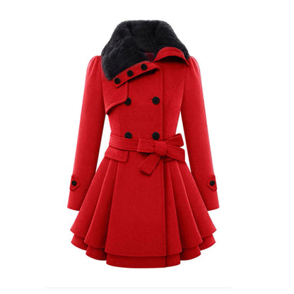 Women's Elegant Winter Coat with Faux Fur Collar – Double-Breasted Flared Long Overcoat