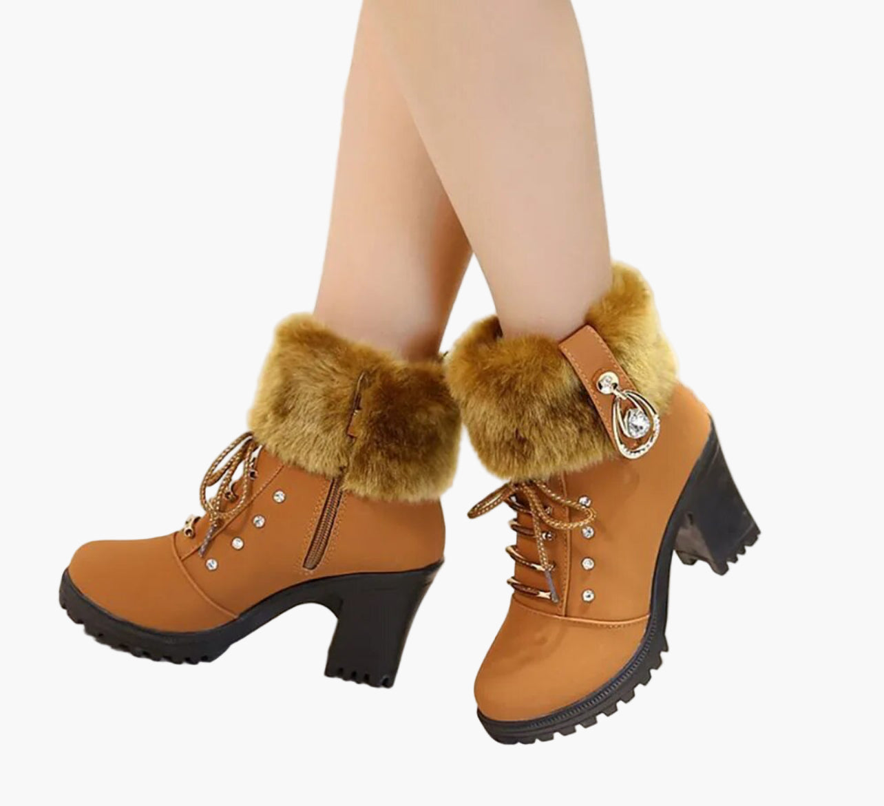 Women's High Heel Ankle Boots with Faux Fur and Lace-Up Design for Winter Fashion