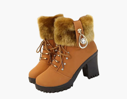 Women's High Heel Ankle Boots with Faux Fur and Lace-Up Design for Winter Fashion