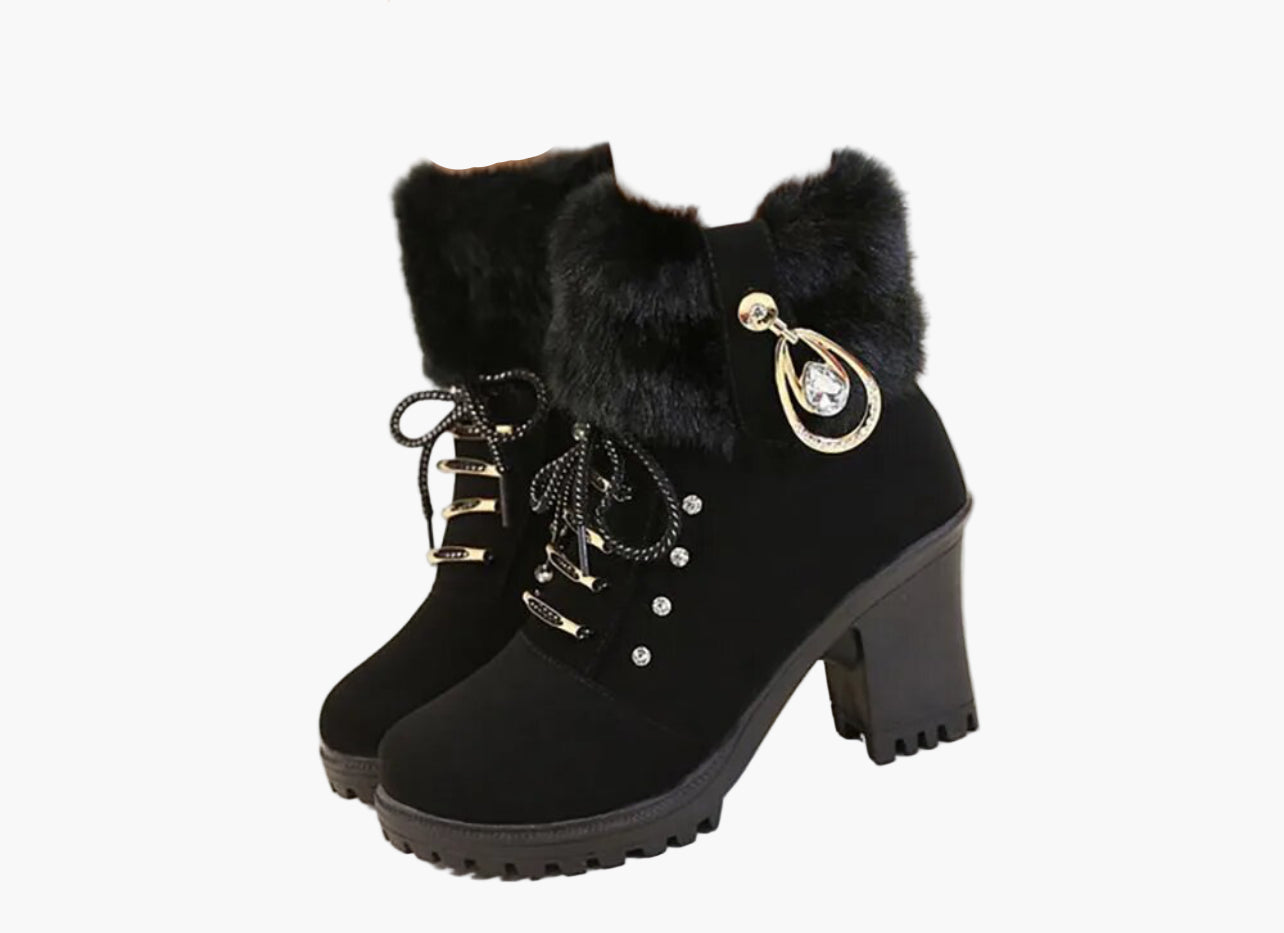 Women's High Heel Ankle Boots with Faux Fur and Lace-Up Design for Winter Fashion