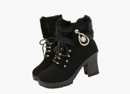 Women's High Heel Ankle Boots with Faux Fur and Lace-Up Design for Winter Fashion