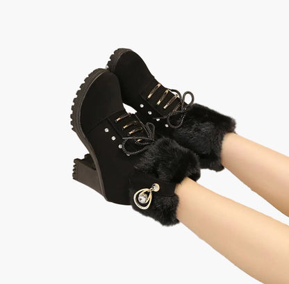 Women's High Heel Ankle Boots with Faux Fur and Lace-Up Design for Winter Fashion