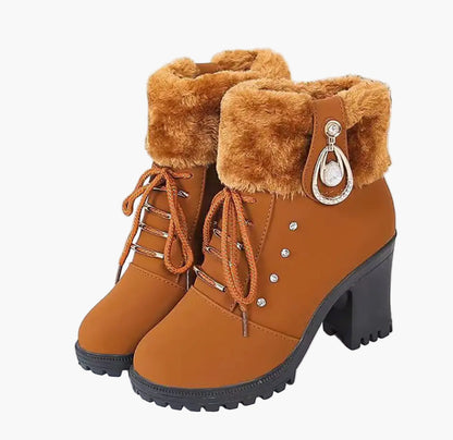Women's High Heel Ankle Boots with Faux Fur and Lace-Up Design for Winter Fashion