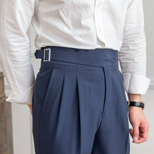Men's High-Waisted Pleated Tailored Trousers for Business and Formal Wear