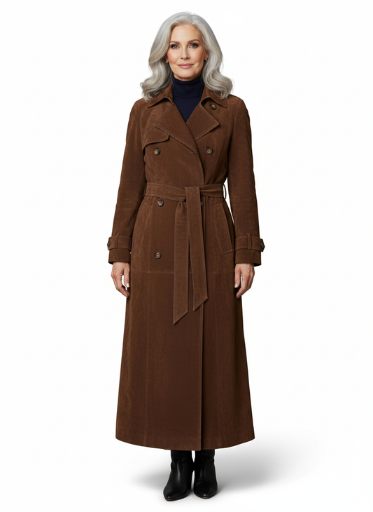 Women’s Vegan Suede Trench Coat – Brown, Long Length, Double-Breasted, Belted