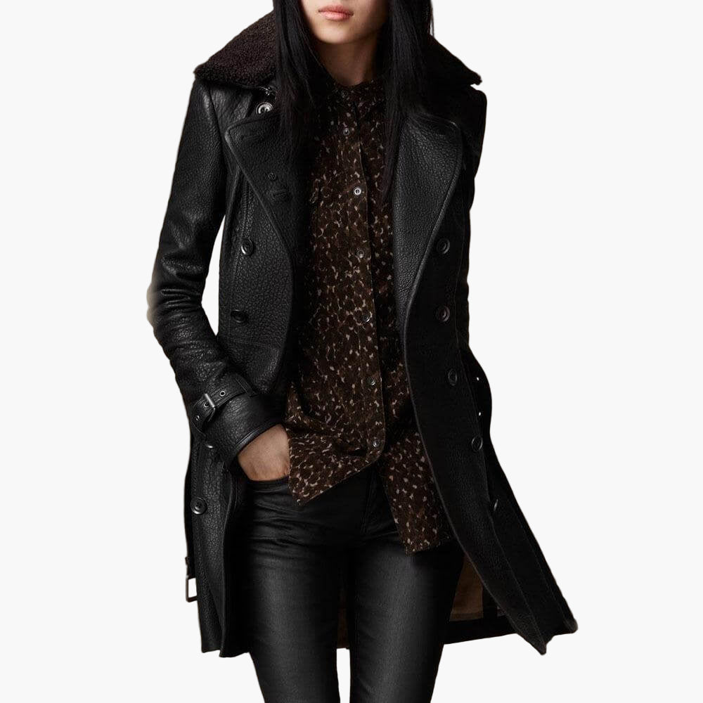 Women's Elegant Leather Trench Coat - Tailored Fit, Timeless Style, Fashion Statement