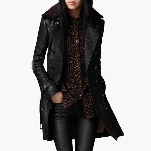 Women's Elegant Leather Trench Coat - Tailored Fit, Timeless Style, Fashion Statement