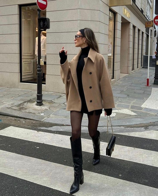 Women's Oversized Vegan Wool Blend Double-Breasted Coat – Boxy Fit, Elegant Street Style, Fall/Winter