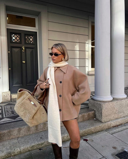 Women's Oversized Vegan Wool Blend Double-Breasted Coat – Boxy Fit, Elegant Street Style, Fall/Winter