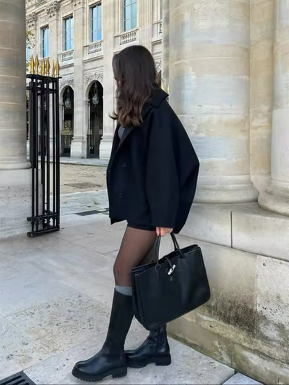 Women's Oversized Vegan Wool Blend Double-Breasted Coat – Boxy Fit, Elegant Street Style, Fall/Winter