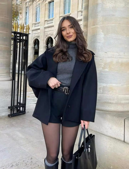 Women's Oversized Vegan Wool Blend Double-Breasted Coat – Boxy Fit, Elegant Street Style, Fall/Winter