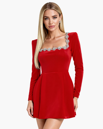 Women's Velvet Party Mini Dress with Crystal Embellished Neckline, Elegant Long Sleeve, Festive Occasions