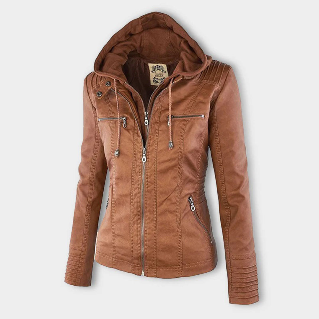 Women's Hooded Vegan Leather Jacket – Stylish Weatherproof Moto Design for Everyday Wear