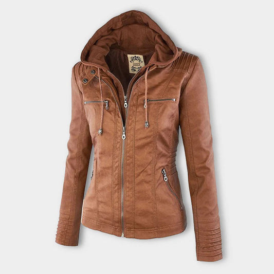Women's Hooded Vegan Leather Jacket – Stylish Weatherproof Moto Design for Everyday Wear