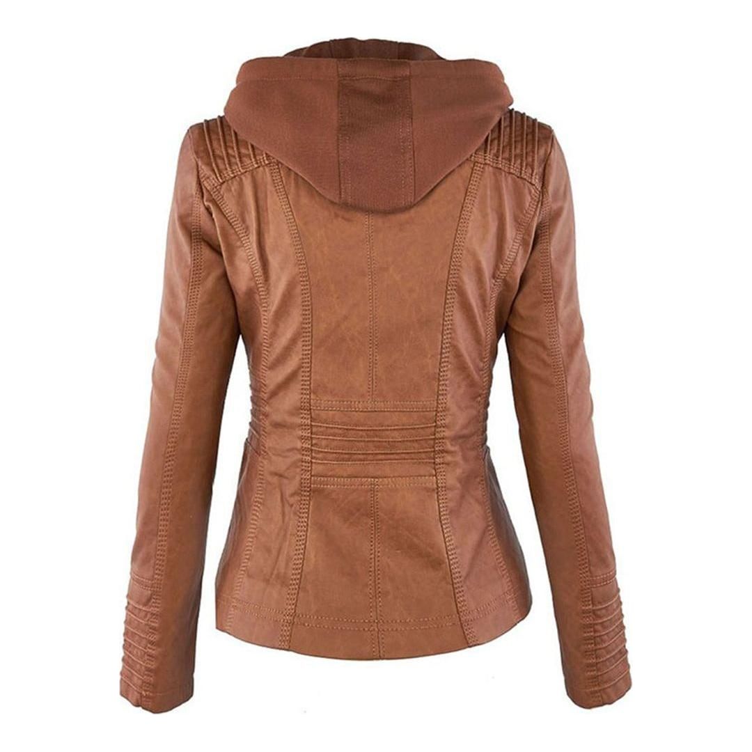 Women's Autumn Vegan Leather Hooded Jacket with Zipper – Stylish and Functional Outerwear