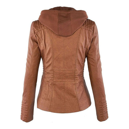 Women's Autumn Vegan Leather Hooded Jacket with Zipper – Stylish and Functional Outerwear