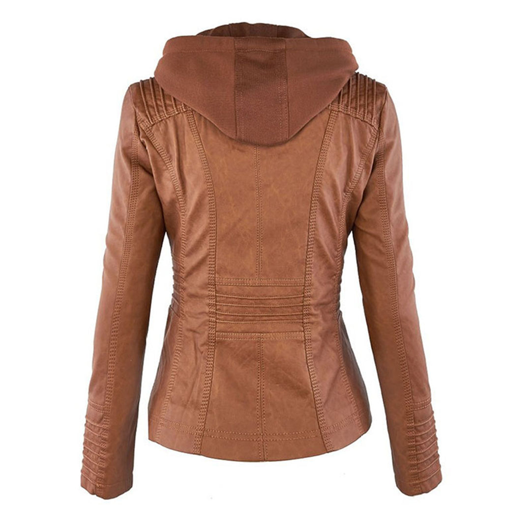 Women's Hooded Vegan Leather Jacket – Stylish Weatherproof Moto Design for Everyday Wear
