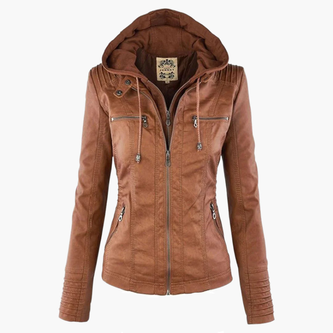 Women's Autumn Vegan Leather Hooded Jacket with Zipper – Stylish and Functional Outerwear