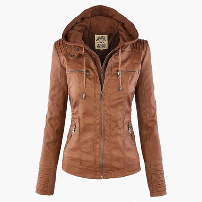 Women's Autumn Vegan Leather Hooded Jacket with Zipper – Stylish and Functional Outerwear