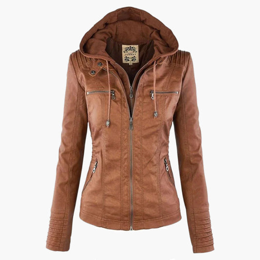 Women's Autumn Vegan Leather Hooded Jacket with Zipper – Stylish and Functional Outerwear