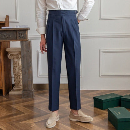 Men's High-Waisted Pleated Tailored Trousers for Business and Formal Wear
