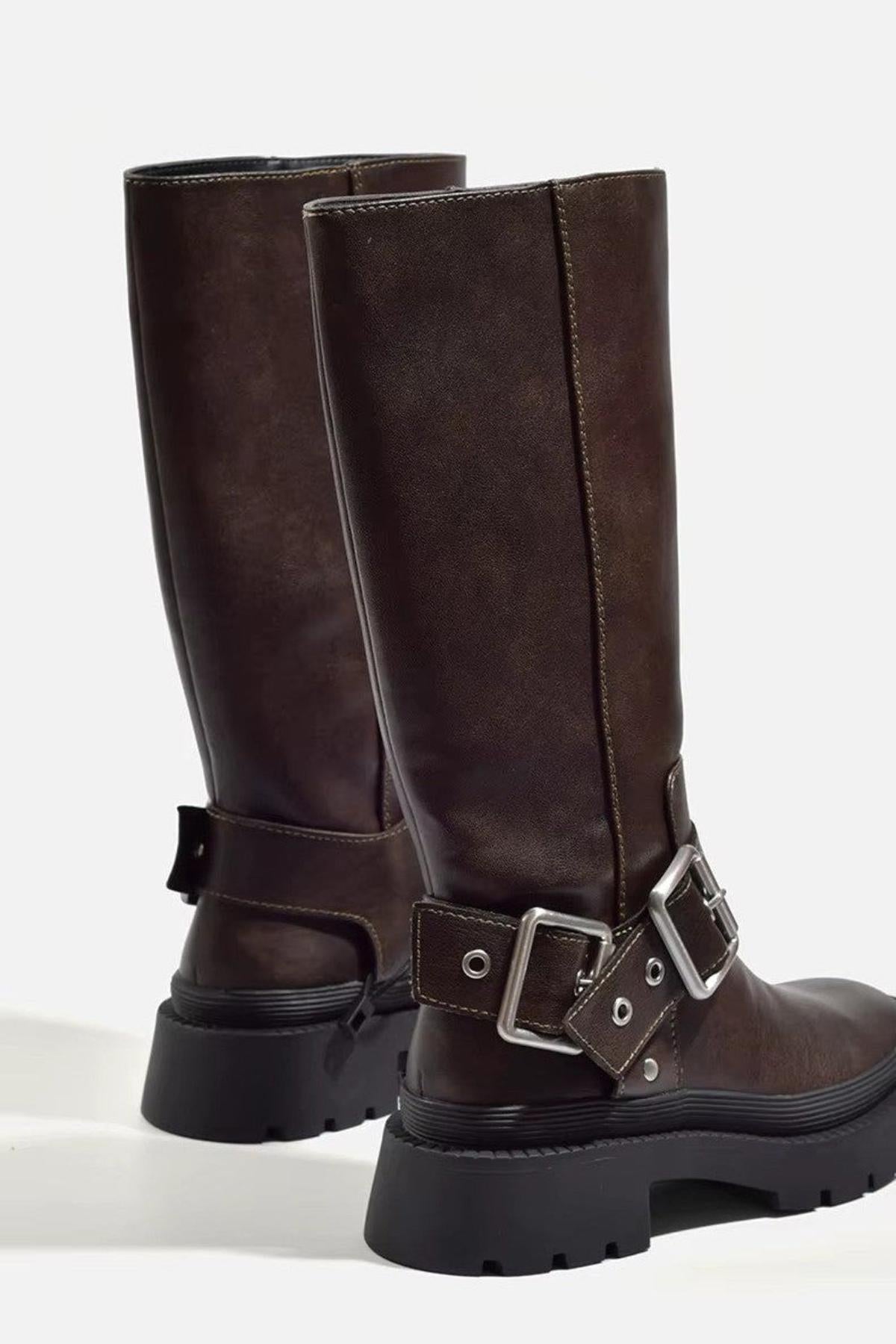 Women's Retro Buckle Knee-High Boots with Chunky Sole for Everyday Wear