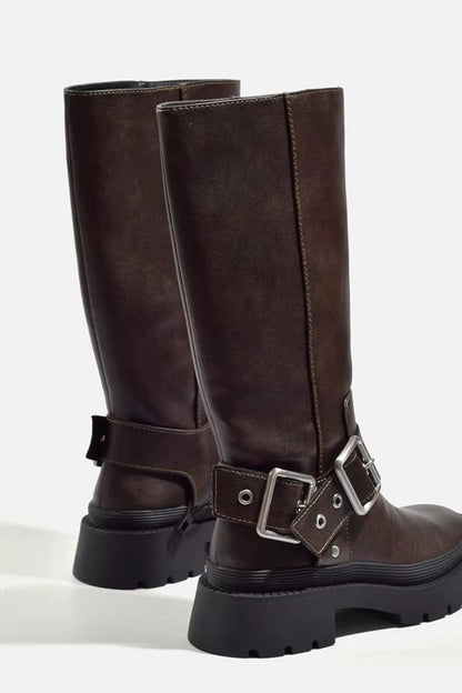 Women's Retro Buckle Knee-High Boots with Chunky Sole for Everyday Wear