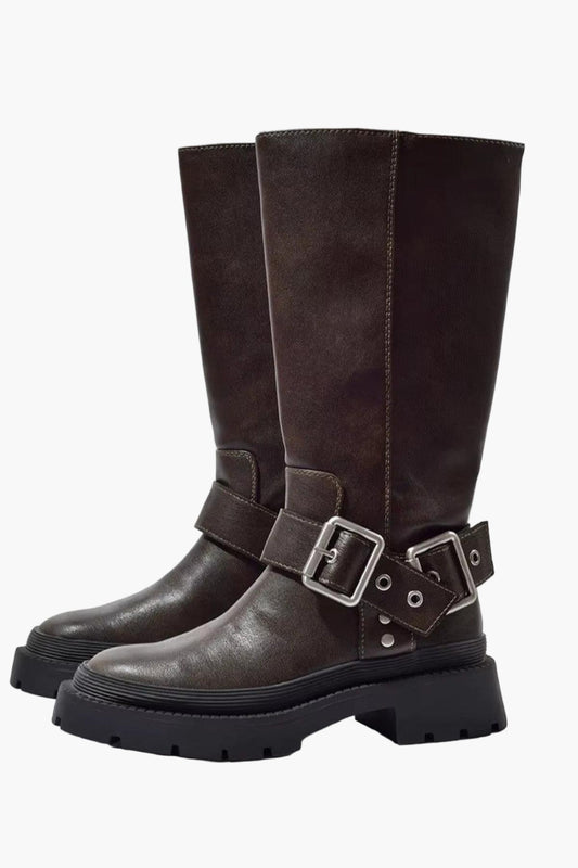 Women's Retro Buckle Knee-High Boots with Chunky Sole for Everyday Wear
