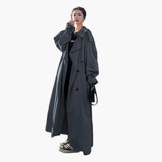 Women's Long Oversized Trench Coat – Double-Breasted Classic Style – Casual & Business Outerwear