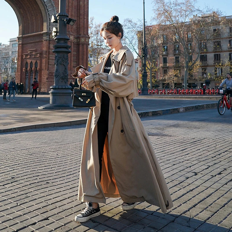 Women's Long Oversized Trench Coat – Double-Breasted Classic Style – Casual & Business Outerwear