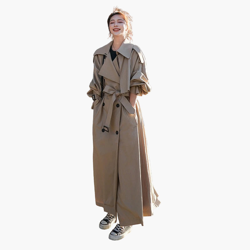 Women's Long Oversized Trench Coat – Double-Breasted Classic Style – Casual & Business Outerwear