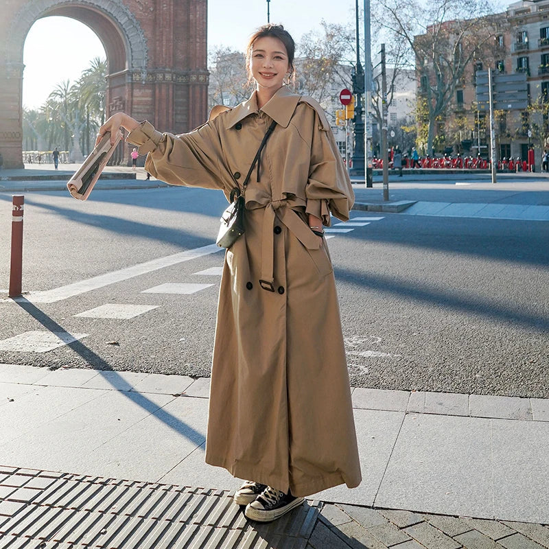Women's Long Oversized Trench Coat – Double-Breasted Classic Style – Casual & Business Outerwear