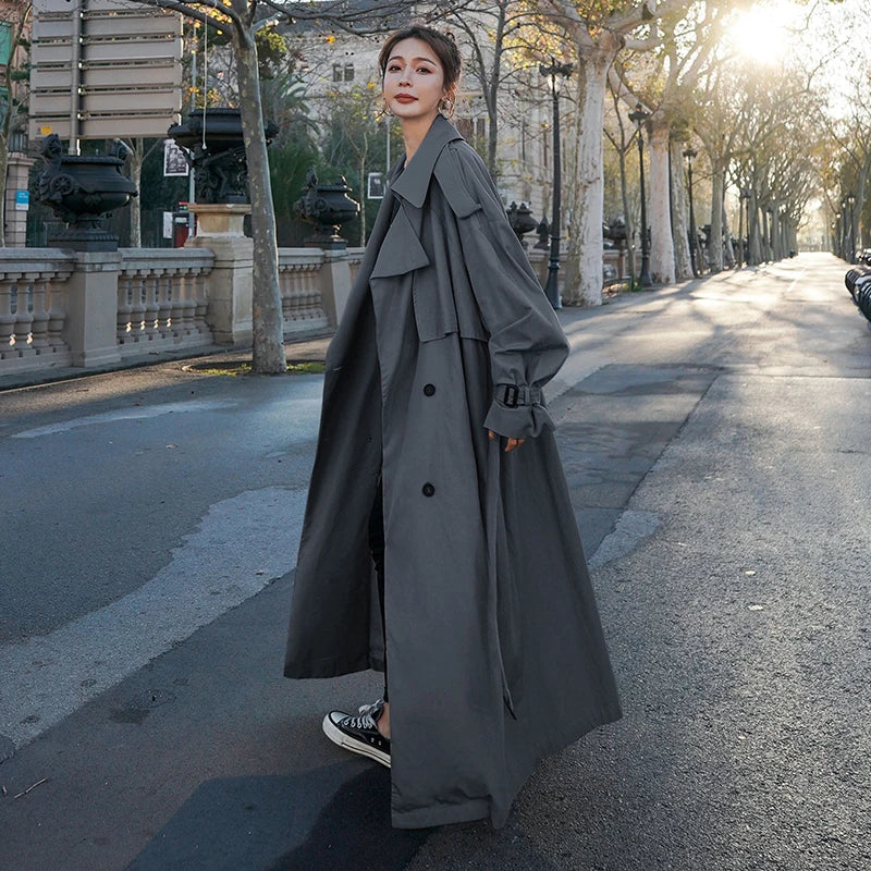 Women's Long Oversized Trench Coat – Double-Breasted Classic Style – Casual & Business Outerwear
