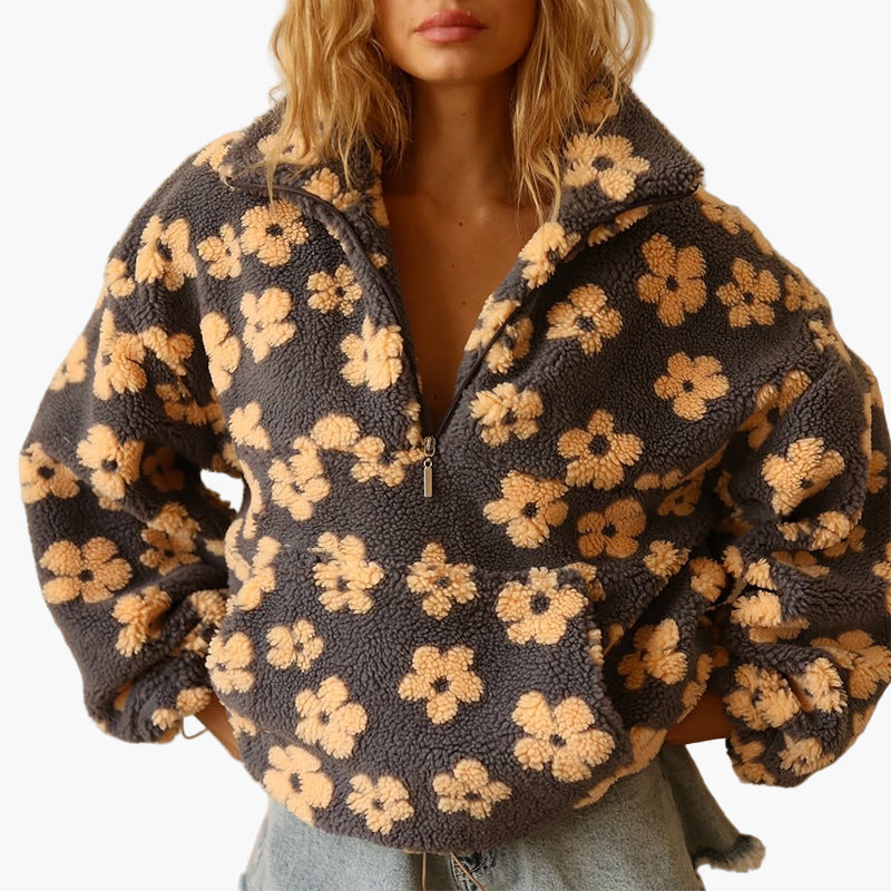 Women's Cozy Boho Floral Sherpa Pullover Sweatshirt - Relaxed Fit for Fall & Lounge