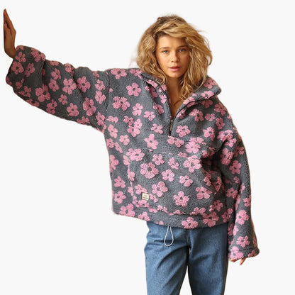 Women's Cozy Boho Floral Sherpa Pullover Sweatshirt - Relaxed Fit for Fall & Lounge