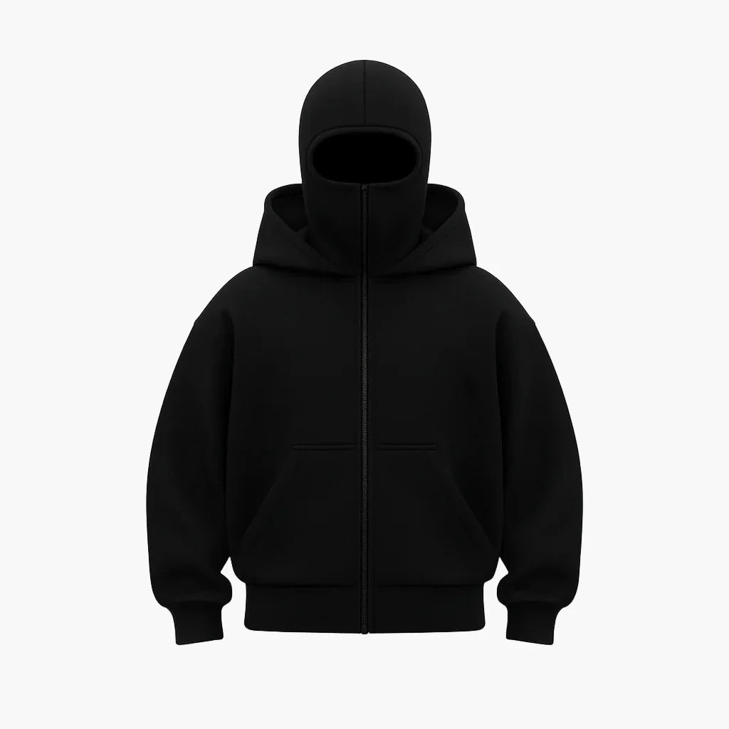 Men's Minimalist Full Zip Hoodie with Integrated Mask – Urban Streetwear Style