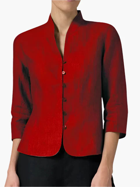 Women's Elegant Mandarin Collar Chambray Blouse for Versatile Occasions