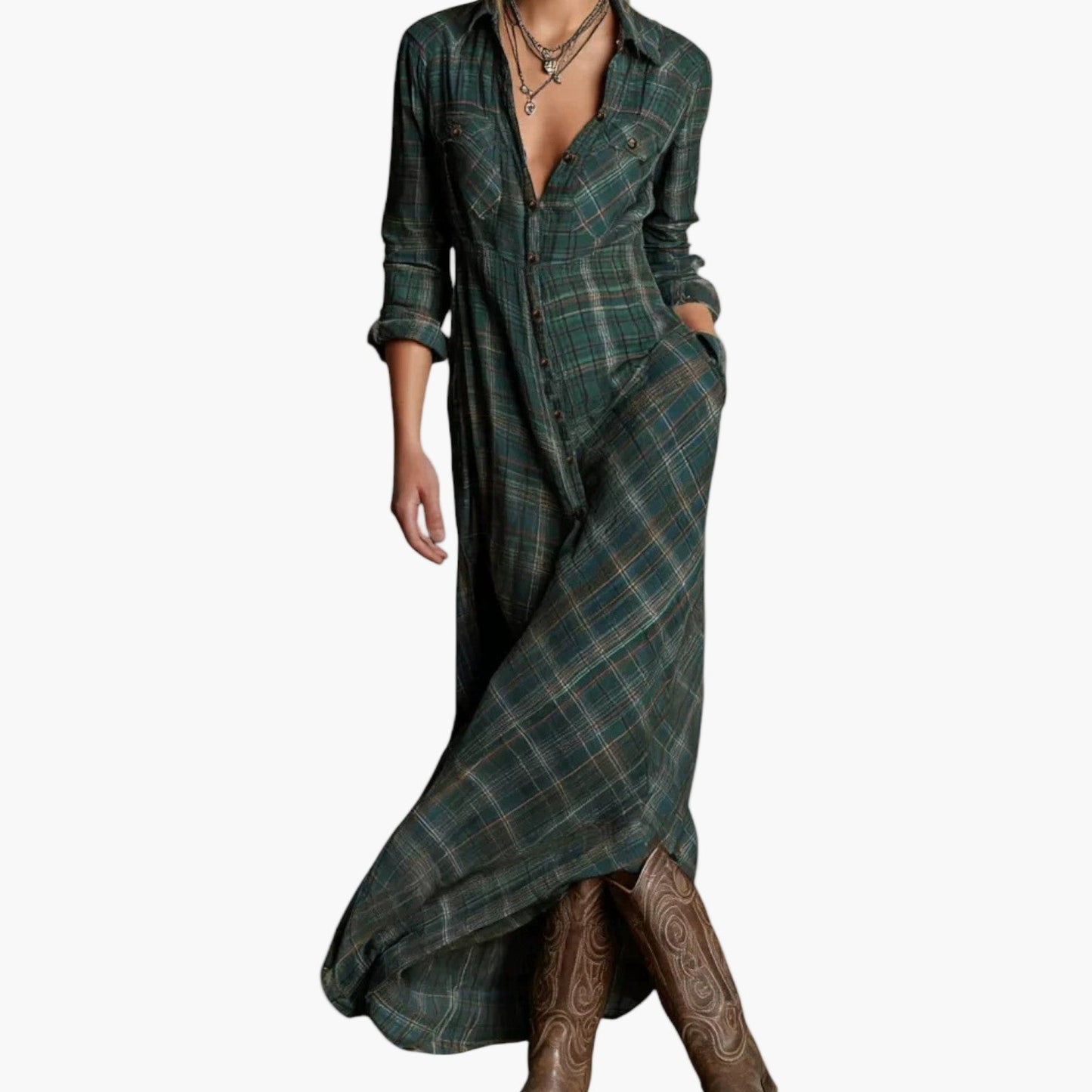 Women's Plaid Shirt Maxi Dress Casual Elegant Long Sleeve Button Down