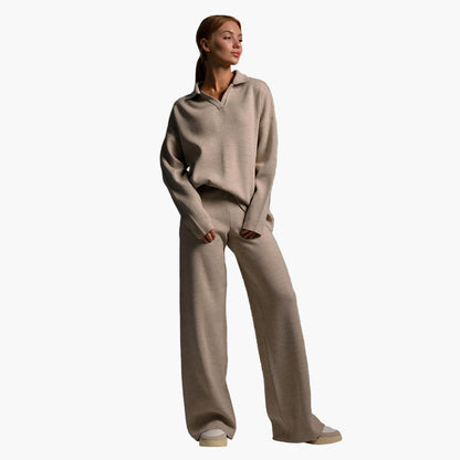 Women's Loungewear Set - Knitted Oversized Collar Sweater and Wide-Leg Pants - Casual Comfort Outfit