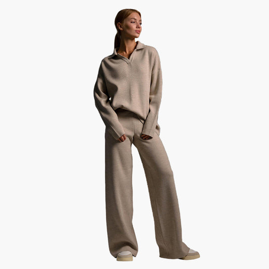 Women's Loungewear Set - Knitted Oversized Collar Sweater and Wide-Leg Pants - Casual Comfort Outfit