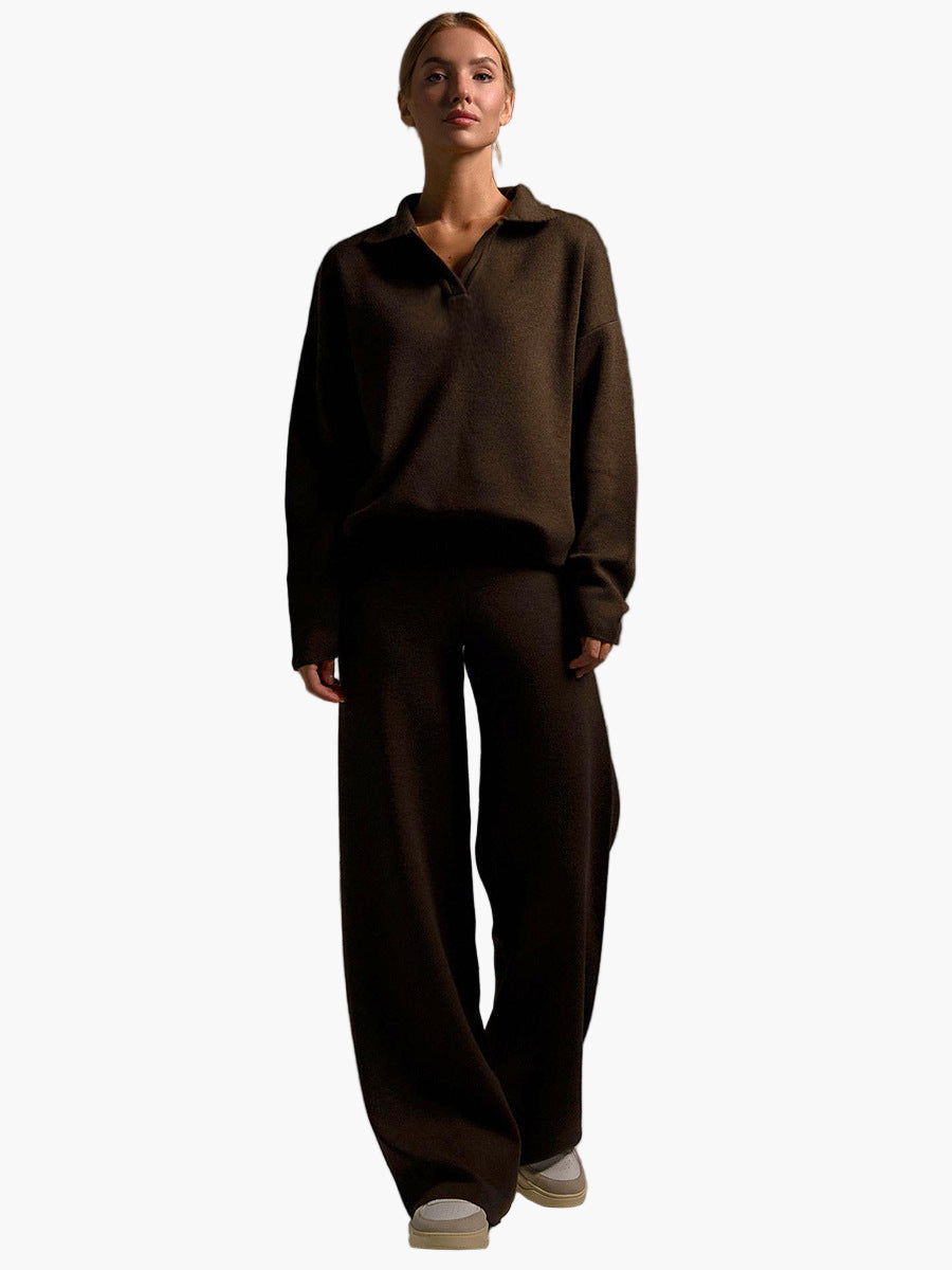 Women's Loungewear Set - Knitted Oversized Collar Sweater and Wide-Leg Pants - Casual Comfort Outfit