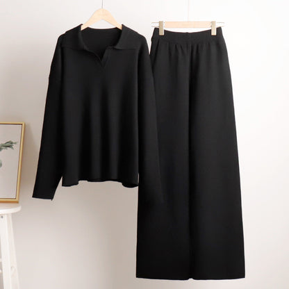 Women's Loungewear Set - Knitted Oversized Collar Sweater and Wide-Leg Pants - Casual Comfort Outfit