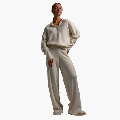 Women's Loungewear Set - Knitted Oversized Collar Sweater and Wide-Leg Pants - Casual Comfort Outfit