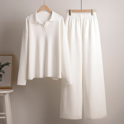 Women's Loungewear Set - Knitted Oversized Collar Sweater and Wide-Leg Pants - Casual Comfort Outfit