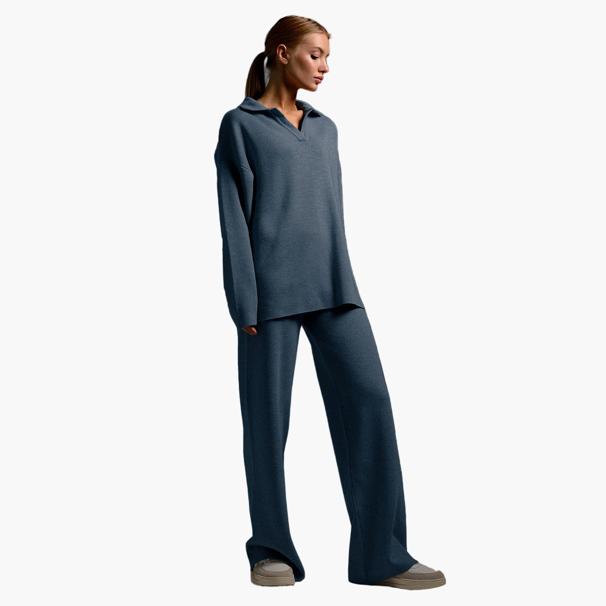 Women's Loungewear Set - Knitted Oversized Collar Sweater and Wide-Leg Pants - Casual Comfort Outfit