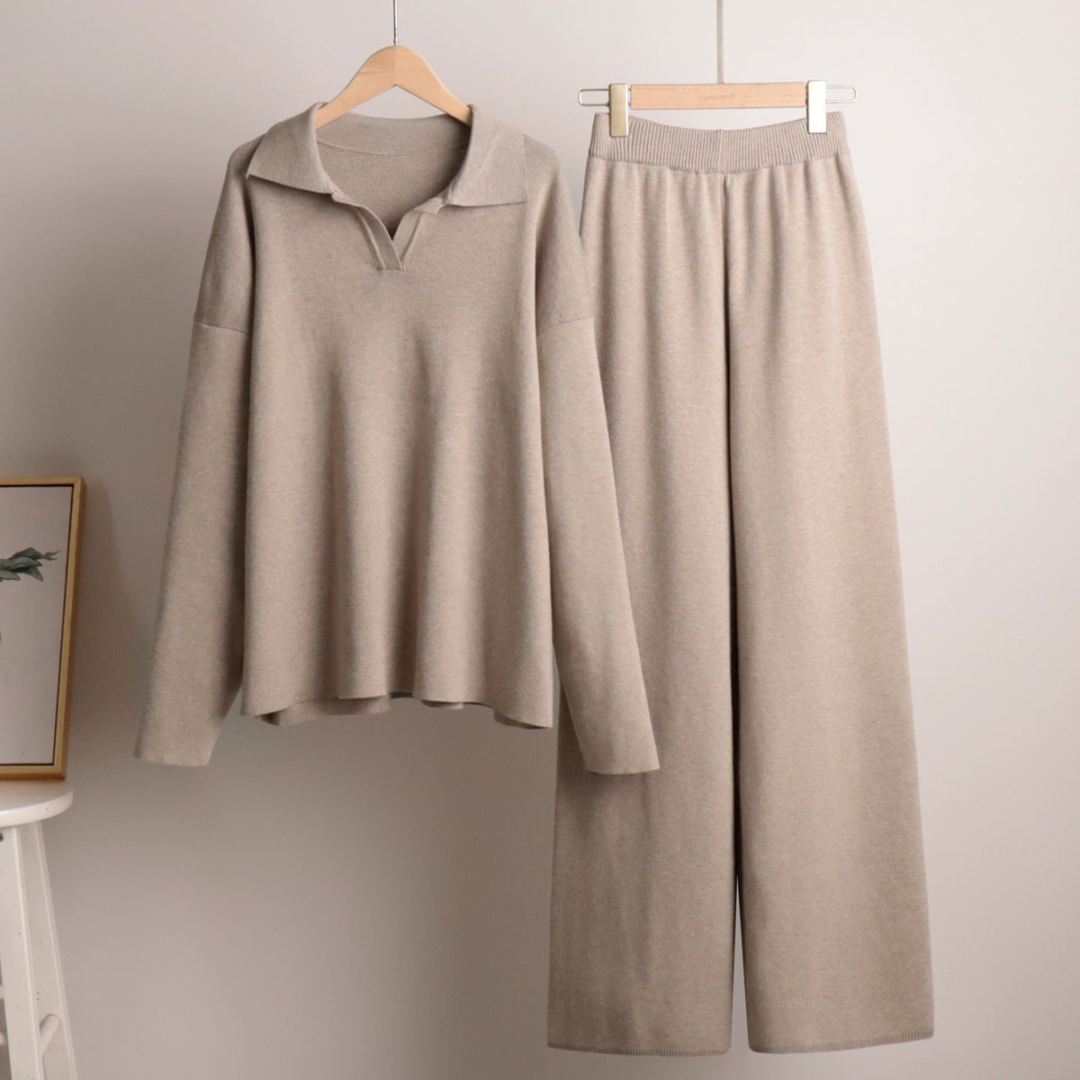 Women's Loungewear Set - Knitted Oversized Collar Sweater and Wide-Leg Pants - Casual Comfort Outfit