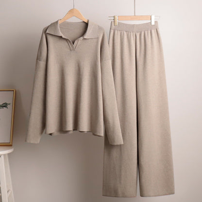 Women's Loungewear Set - Knitted Oversized Collar Sweater and Wide-Leg Pants - Casual Comfort Outfit