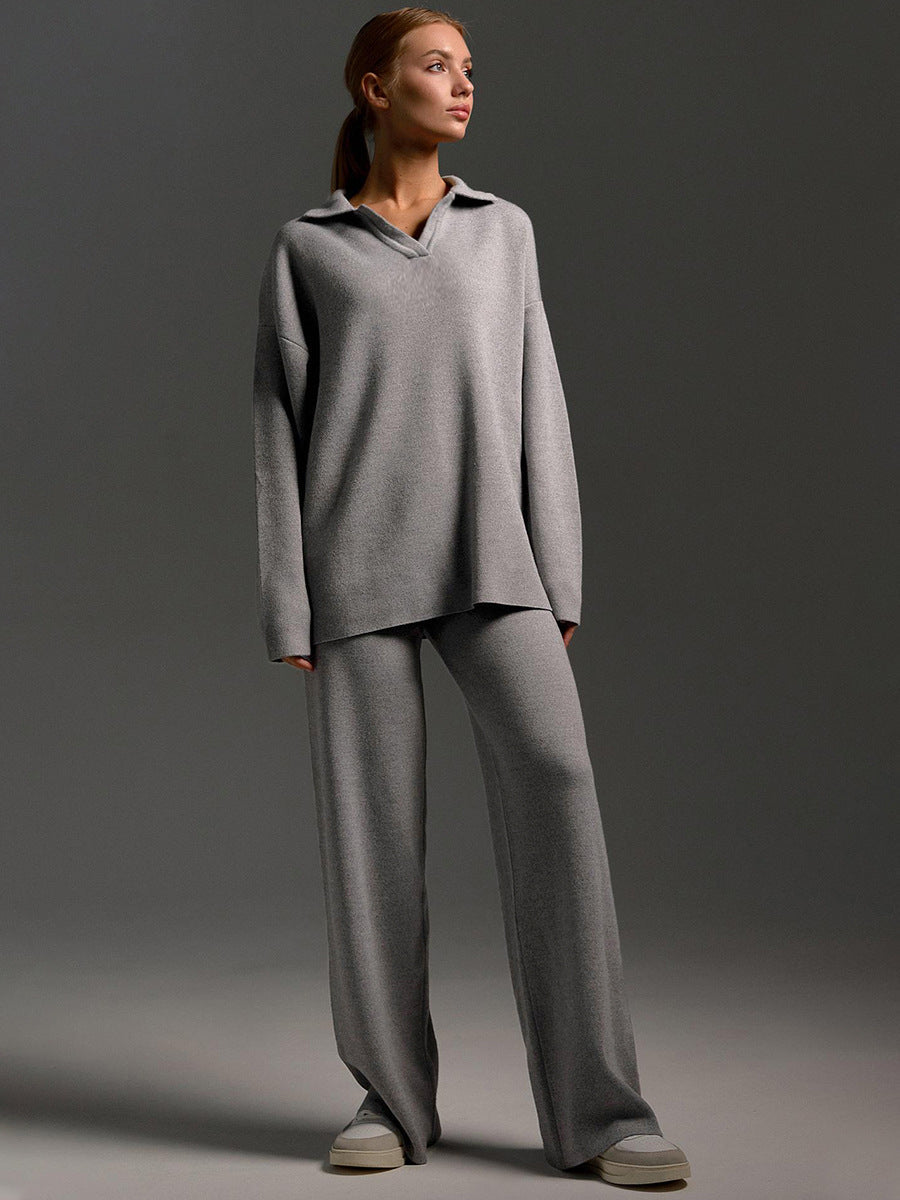 Women's Loungewear Set - Knitted Oversized Collar Sweater and Wide-Leg Pants - Casual Comfort Outfit