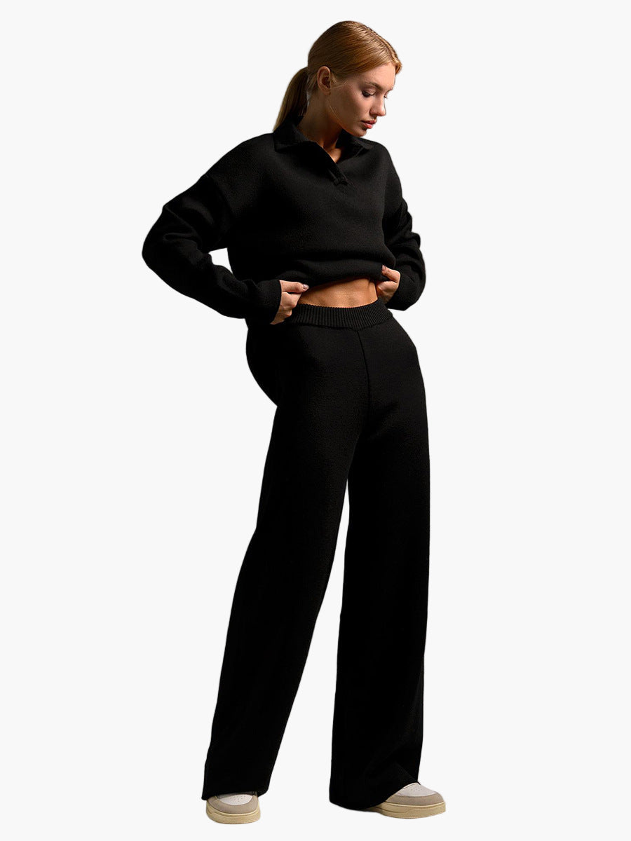 Women's Loungewear Set - Knitted Oversized Collar Sweater and Wide-Leg Pants - Casual Comfort Outfit
